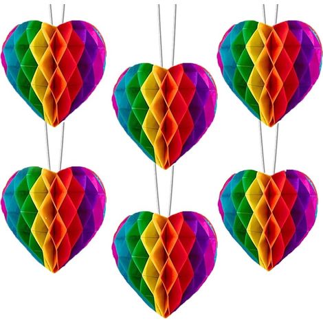 Lot de 6 boules alvéolées en papier arc-en-ciel, décorations pour la Journée de la Fierté, pompons suspendus en forme de cœur pour fêtes LGBT, mariages et décorations (15 cm) (1/5)