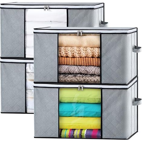 Juego de 4 organizadores de ropa, caja de almacenamiento grande para debajo de la cama hecha de tela no tejida con asa para guardar edredones, ropa, mantas, almohadas, juguetes, 60 x 40 x 35 cm (1/5)