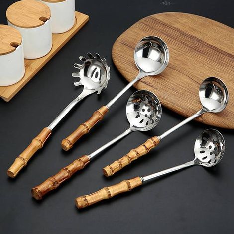 5 couleurs : voir photo. Matériaux : acier inoxydable et bambou. Ensemble de 5 ustensiles de cuisine en acier inoxydable 304 avec poignées en bambou naturel. (1/5)