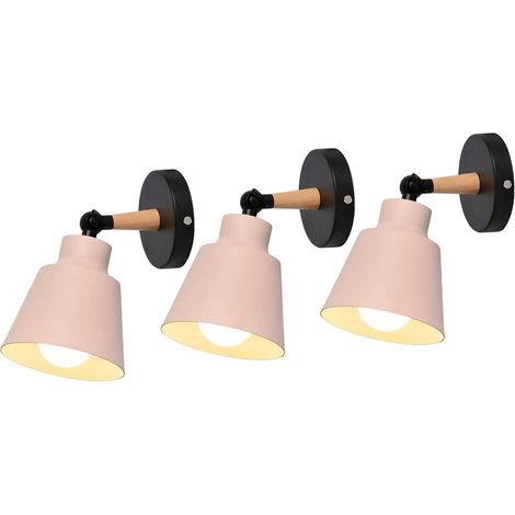 3 Pezzi Moderno Lampada da Parete per Interni, Paralume del Cappello Fatto di Metallo e Legno E27, Applique da Parete Progetta Macaron Rosa
