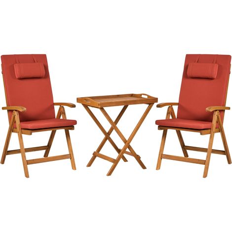 Set di 2 sedie con cuscini rosso e tavolino in legno di acacia Java