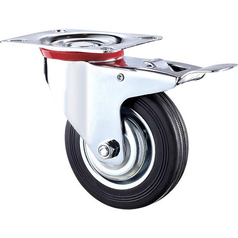 Set de 2 Roulettes pivotantes 125 mm avec frein - Roulettes pour meubles jusqu'à 100 kg par roue - Charge lourde - Caoutchouc pour intérieur et extérieur - Roues industrielles (1/5)