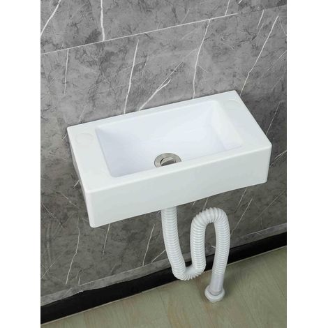 Lavabo Mural - 1 Unité - Résine Et Inox - Avec Kit De Vidange - Pour Salle De Bain Et WC - 40x20x11cm Blanc (1/5)
