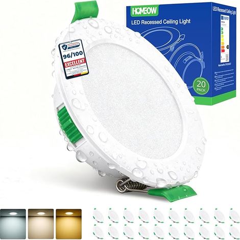 HOMEOW Lot de 20 Spot Led Encastrable Extra Plat, 5w Spot Encastrable Led 68mm - 80mm Découpe, Blanc Chaud 2700K Blanc Neutre 4000K Blanc Froid 6000K Spot Salle de Bain IP44 pour Cuisine (1/5)