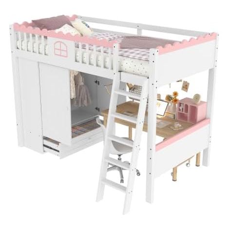 Letto singolo a soppalco in pino con luci LED e armadio - Letto singolo per ragazzi con cassetto contenitore - Certificato EN747 - Materasso non incluso - 90 x 200 cm - Bianco (1/5)