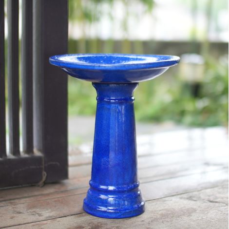 Keramik-Vogelbad Ø 31,5 cm x H 38 cm, blau glasiert, frostbeständig OKMYHOME (1/5)
