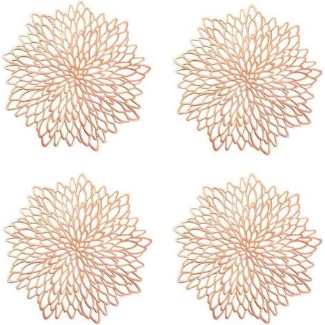 Juego de 4 manteles individuales color oro rosa, manteles individuales redondos huecos, manteles individuales redondos de plástico, utilizados para aislar el calor de los platos y decorar la mesa. (1/2)