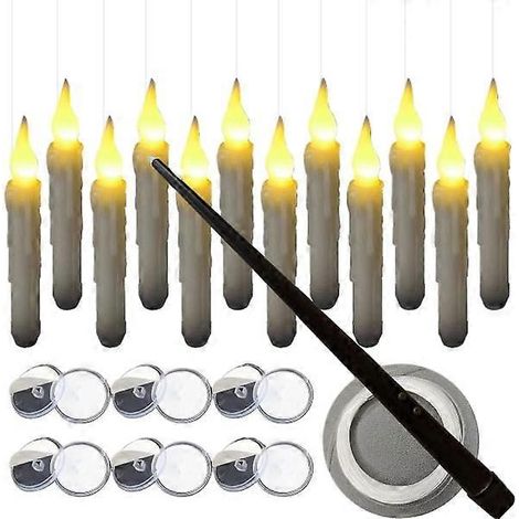 Bougies flottantes avec télécommande baguette magique, lot de 12 bougies LED sans flamme à effet scintillant, alimentées par piles, inspirées de Harry Potter pour Halloween