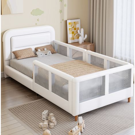 Letto imbottito moderno 90x200 cm bianco in MDF e PU, con testiera, sponde di sicurezza e rete a doghe (1/5)