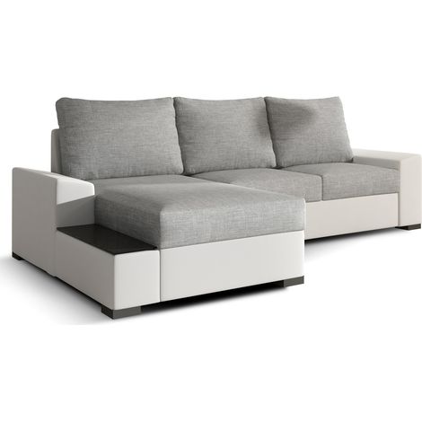 Canapé angle gauche convertible tissu gris clair et simili blanc James 245cm (1/5)