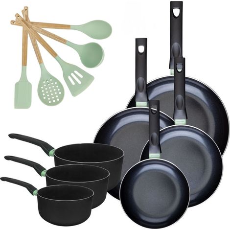Set de 4 poêles 20 24 28 et 30 cm et 3 casseroles 16, 18 et 20 cm antiadhésives céramique et 5 ustensiles Fackelmann Brandao (1/5)