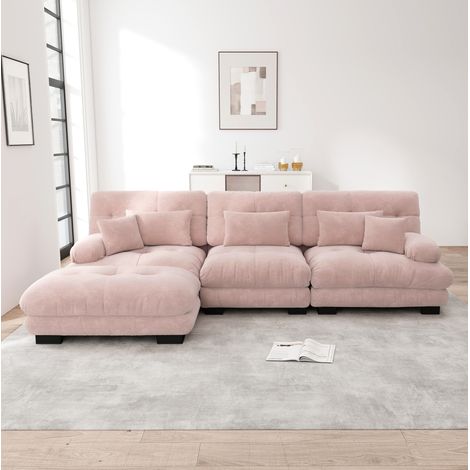 Divano modulare in ciniglia rosa con pouf mobili, configurazione ad angolo o lineare (1/5)