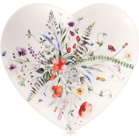 Piatto da dessert piccolo per torta in porcellana con fiori e papaveri a forma di cuore (1/4)