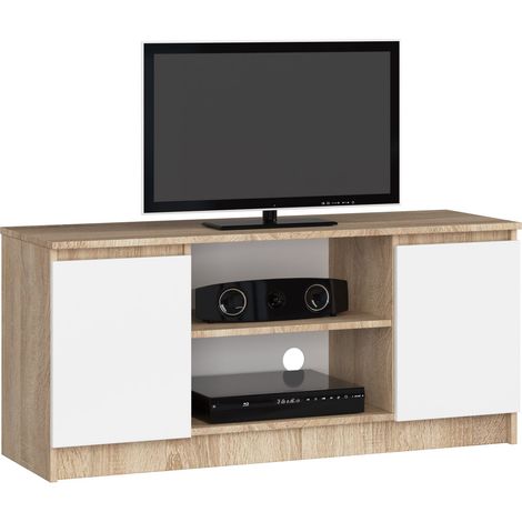 Meuble TV pour salon AKORD Chêne Sonoma 120 cm 2 portes façade Blanche 2 étagères 120x40x55 cm (1/5)