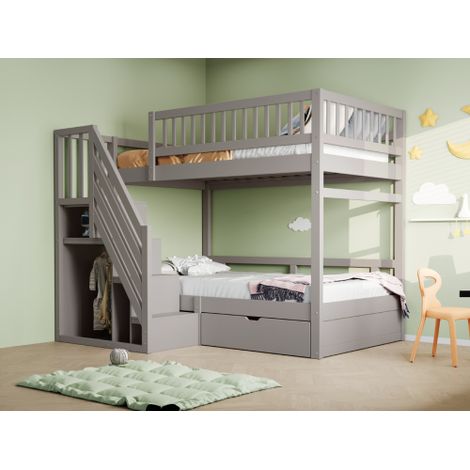 Etagenbett Aus Massivholz, Mit Hohem Sicherheitsgitter, Mit Lattenrost, Sicherheitsleiter mit Stauraum, Mit Stauschubladen, Kinderbett Jugendbett
