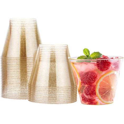 30 Gobelets Réutilisables en Plastique Dur avec Paillettes Dorées (255ml/9oz) – Verres Solides et Lavables pour Boissons, Desserts, Anniversaires, Mariages, Noël, Fêtes (1/4)