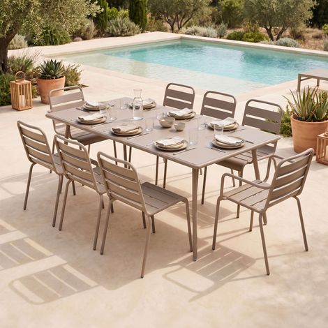 Table de jardin 180 cm + 6 chaises + 2 fauteuils en métal taupe - BACA (1/5)