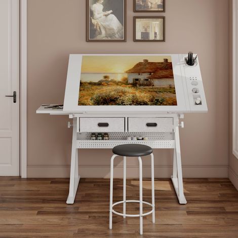 Table à dessin réglable avec 2 tiroirs, idéale pour le bureau à domicile et l'école, avec tabouret (entièrement blanche). (1/5)