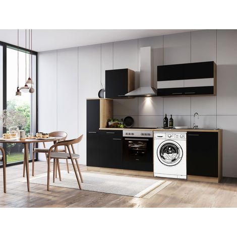 Küche Küchenzeile für Unterbau Waschmaschine Eiche Schwarz Merle 250 cm Respekta