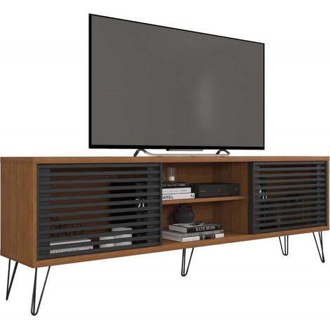 Beaux Meubles Pas Chers – Meuble TV 180 cm imitation chêne et noir – 2 portes coulissantes – 4 niches – Pieds métal – Pour TV jusqu'à 72 pouces (1/5)