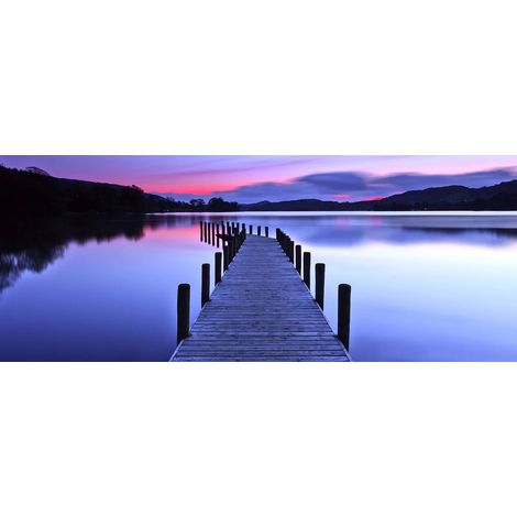 Tableau paysage coucher de soleil rose | Tableau sur toile violet lac et ponton | Tableau nature décoratif coloré pour chambre de fille 1,0 x 0,4 m (1/2)