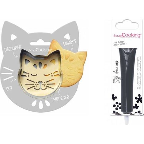 Kit pour biscuit en relief Chat + Stylo au chocolat noir
