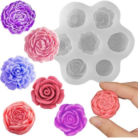 Moule en silicone à 7 cavités avec motifs de roses et de pivoines pour fondant au chocolat, bonbons, décoration de gâteaux, gelées, desserts, glaçons, savons et résine florale. (1/2)