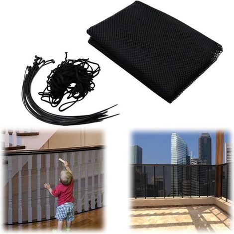 Filet de sécurité enfant 2 m x 78 cm - protection d'escalier et balcon avec corde, noir (1/5)