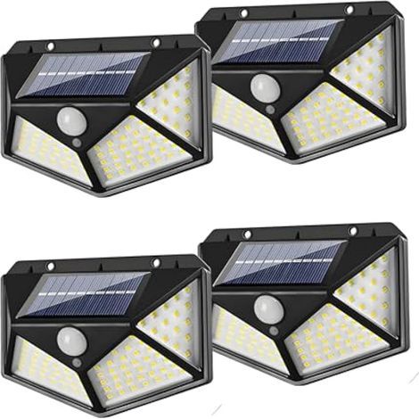 Lot de 4 Lampe Solaire Extérieur avec Détecteur de Mouvement, 100 LED Lumiere Solaire Exterieur IP65 Etanche éclairage, Spot Solaire Extérieur pour Jardin, 3 Modes, Angle 270°, Batterie 800mAh (1/5)