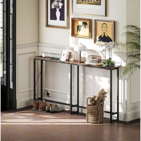 Tavolo consolle in legno e acciaio 160 x 20 x 80 cm marrone, stretto con prese integrate (1/5)