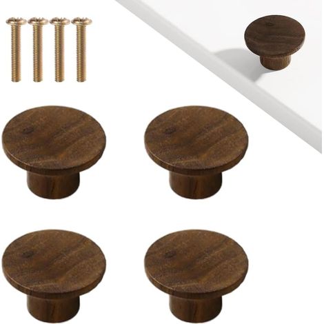 Pack of 4 Furniture Knobs Wood with Screws, Natural Walnut Wood Furniture Handles, Decorative Wooden Knobs for Cupboards, Drawers, Round (1/5)