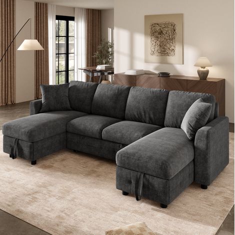 Divano angolare a U in ciniglia con funzione letto, contenitore e USB, grigio (1/5)