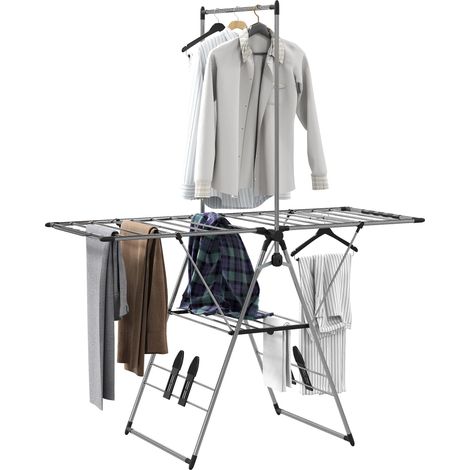 Étendoir à linge pliable à étendre avec ailes réglables, supports à chaussures, acier inoxydable, 156,5 x 68 x 192 cm, Argent (1/5)