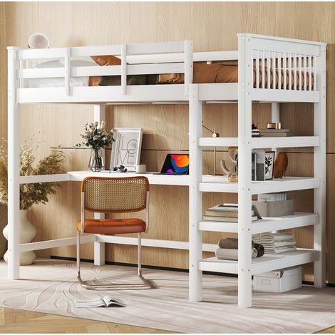 Bett Hochbett Kinder 90x200 cm, minimalistisch, Kiefernholz & MDF, Weiß, mit Schreibtisch und Regalfächern (1/5)