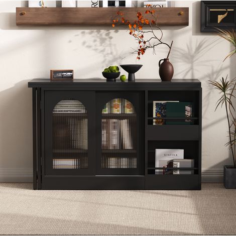Tavolo bar 121.5x40x76.7 cm nero in MDF e metallo con piano estensibile e vano portaoggetti (1/5)