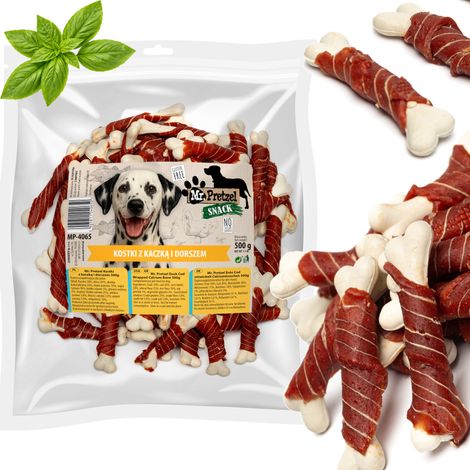 Delikatesse, Snack für Hunde Würfel mit Ente und Kabeljau Mr. Pretzel 500g