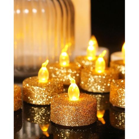 LED-Teelichter, 8er-Pack, flammenlos, 200 Stunden Brenndauer, 1,4 x 1,4 cm, CR2032-Batterie, für Weihnachten, Valentinstag, Hochzeiten, Tischdekoration (Gold)