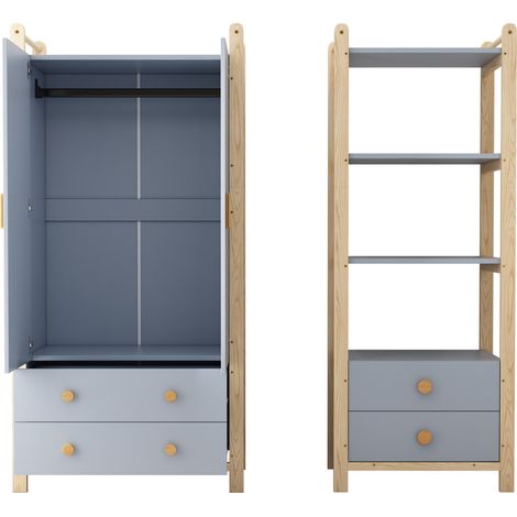 Armario combinado doble con vestidor y estantería, 2 cajones, 180,5 cm, azul madera (1/5)