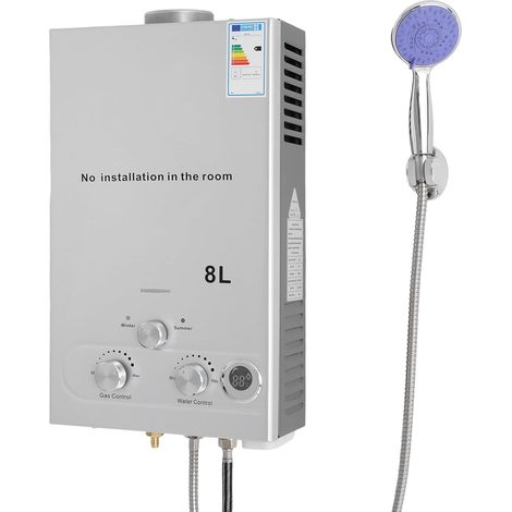 Chauffe-eau instantané au GPL 16KW, capacité 8L – Eau chaude immédiate avec pommeau de douche et tuyau – Chauffe-eau à gaz portable pour camping, caravane et jardin – Haute efficacité: ≥80.8% (1/5)