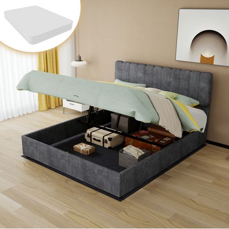 Letto imbottito moderno in tessuto grigio 160x200 cm con testiera alta, struttura in metallo e materasso incluso (1/5)