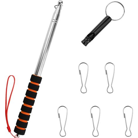 Kit Bastón Telescópico 2,5m, Azul, Extensible, con 5 Clips y 3 Silbatos, para Guías, Camping, Profesores, Excursiones, Competiciones, Rojo (1/5)