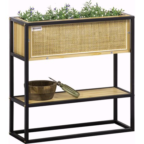 Jardinière sur pieds rectangulaire avec étagère inférieure 55x20x56 cm métal et bois
