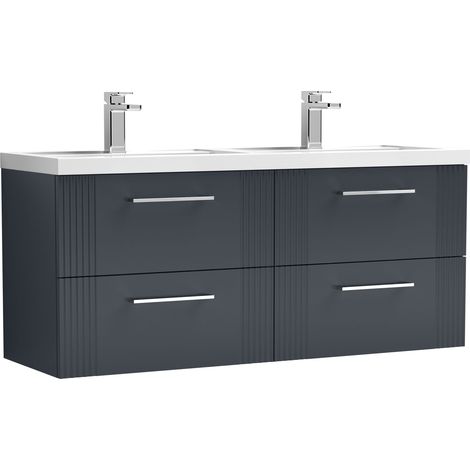 Belvide Partial Fluted 4 Drawer Wall Hung Vanity Unit with Double Polymarble Basin - 1200mm - Satin Dark Grey