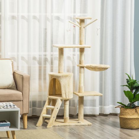 Katzenkratzbaum, 134 cm hoch, mit 6 Stämmen, 3 Plattformen, Höhle, Hängematte, Leiter und 4 Hängespielzeugen, Beige