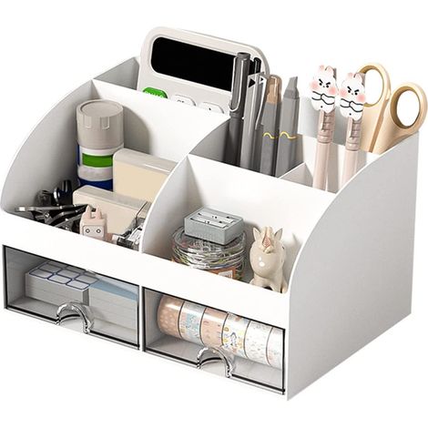 Organizer da scrivania, Versatile Organizer da ufficio con 6 scomparti e 2 piccoli cassetti, per portapenne, controllo remoto e altri piccoli articoli da ufficio - bianco (1/5)