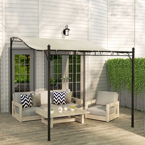 Pergola Addossata Ricurva con 16 Fori di Drenaggio, in Metallo e Poliestere, 248x298x200/250 cm, Bianco Crema