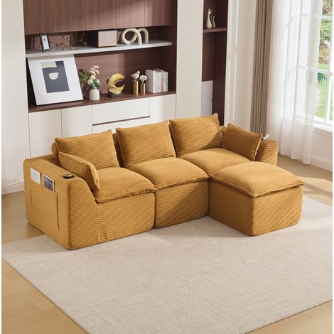 REDOM - Sofá modular de 3 plazas reposapiés incluido, bolsillos laterales, cojines incluidos, corduroy naranja (1/5)