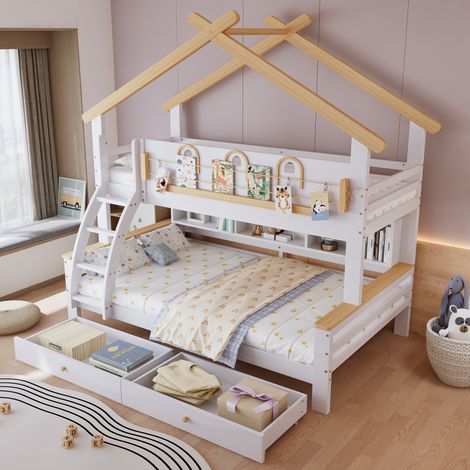 Lit superposé 90/120x200 cm avec 2 tiroirs et escalier incliné, en bois, blanc et naturel, sans matelas (1/5)
