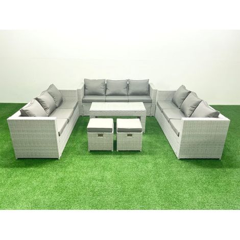 Fimous Rattan Garden Outdoor Furniture Set 11 Seater Garden Sofa Oblong Coffee Table Set with 2 Small Footstool Light Grey Mixed (1/5)