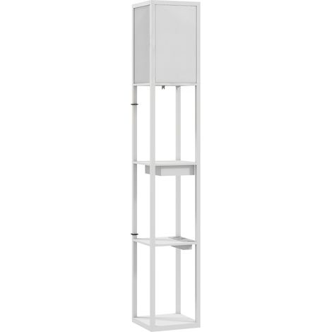Lampadaire avec étagères 3 niveaux, lampe sur pied avec interrupteur au pied et ports USB, structure MDF blanche (1/5)